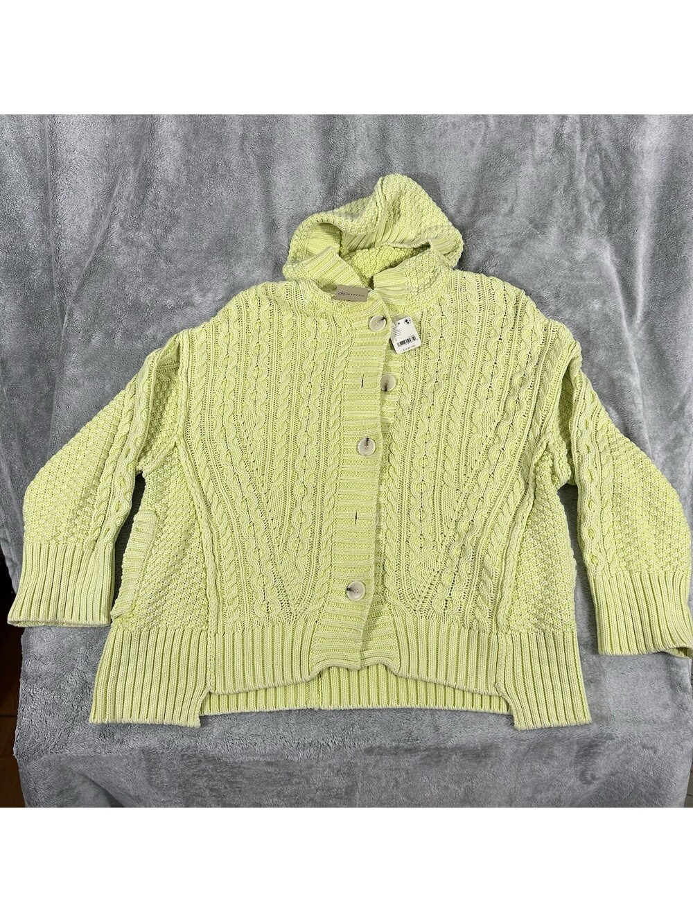 Free People Women’s  S Lime Green Homestead Cable Knit Cardigan Hooded Sweater